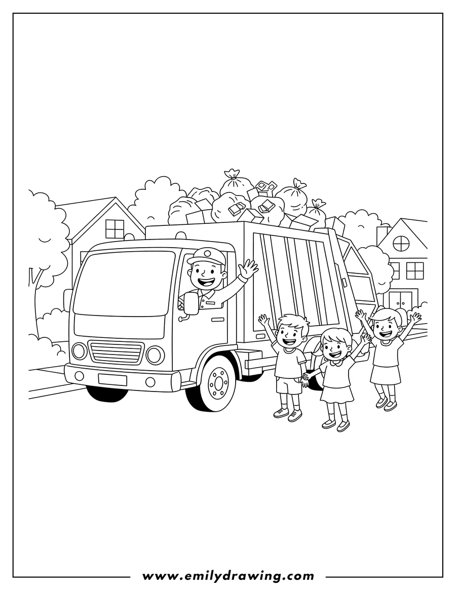 High quality printable smiling Garbage Truck Driver and Waving Children with a Truck Full of Trash on Neighborhood Street for coloring