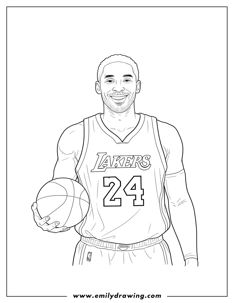 Coloring page of smiling Kobe Bryant wearing a LAKERS 24 jersey, holding a basketball
