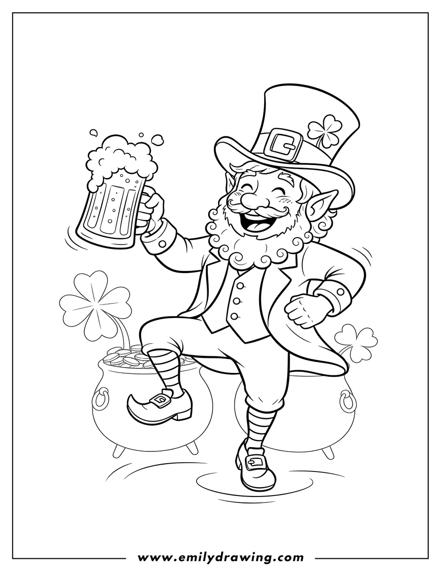 Coloring page of smiling leprechaun dancing, wearing a shamrock hat, and holding a foamy mug of beer