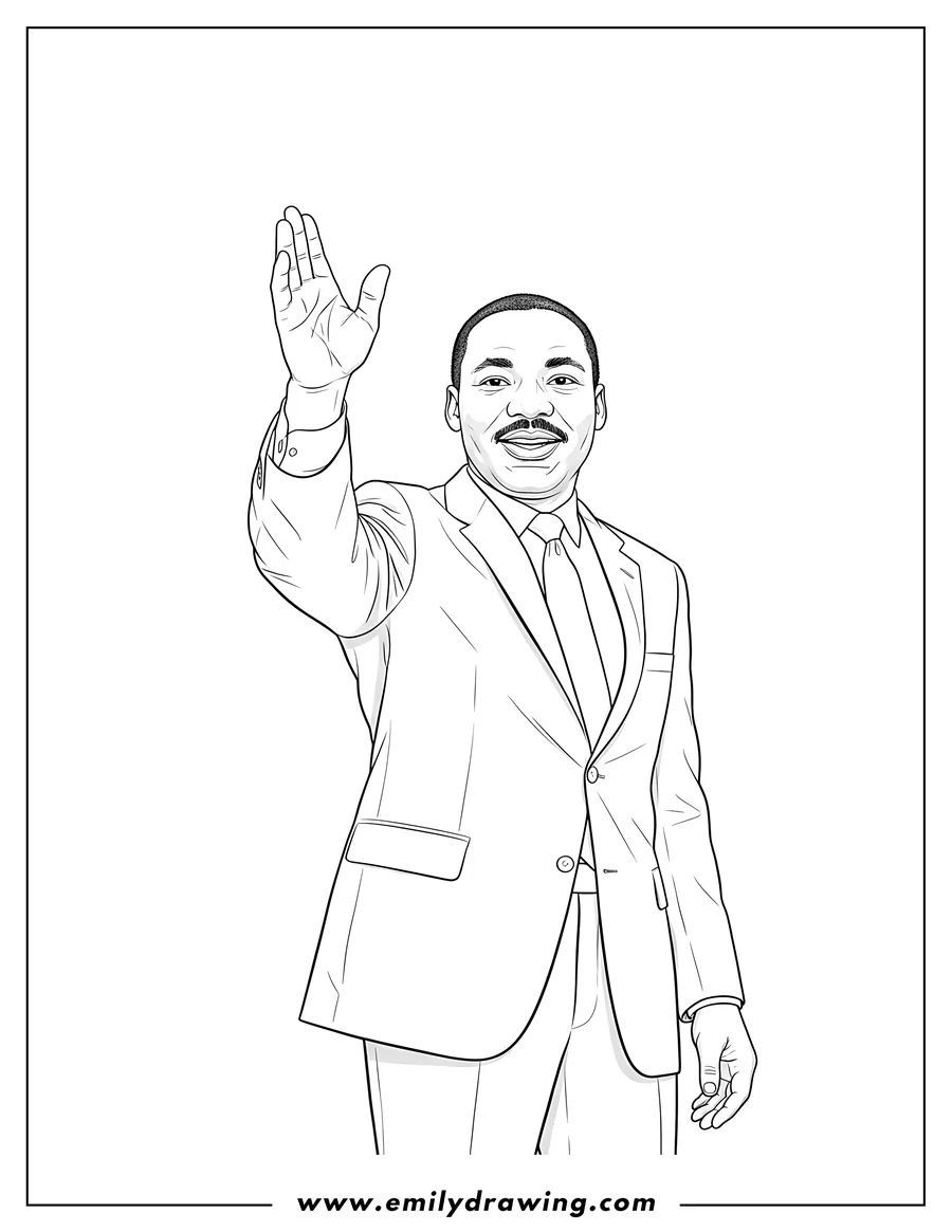Downloadable coloring page of realistic Smiling Martin Luther King Jr, wearing a suit and gesturing with a raised arm