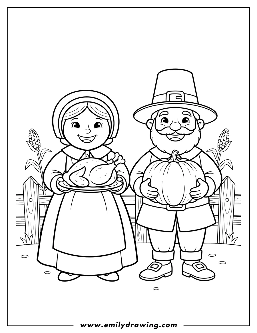 Full page coloring image of smiling pilgrim woman holding a turkey platter and pilgrim man holding a pumpkin
