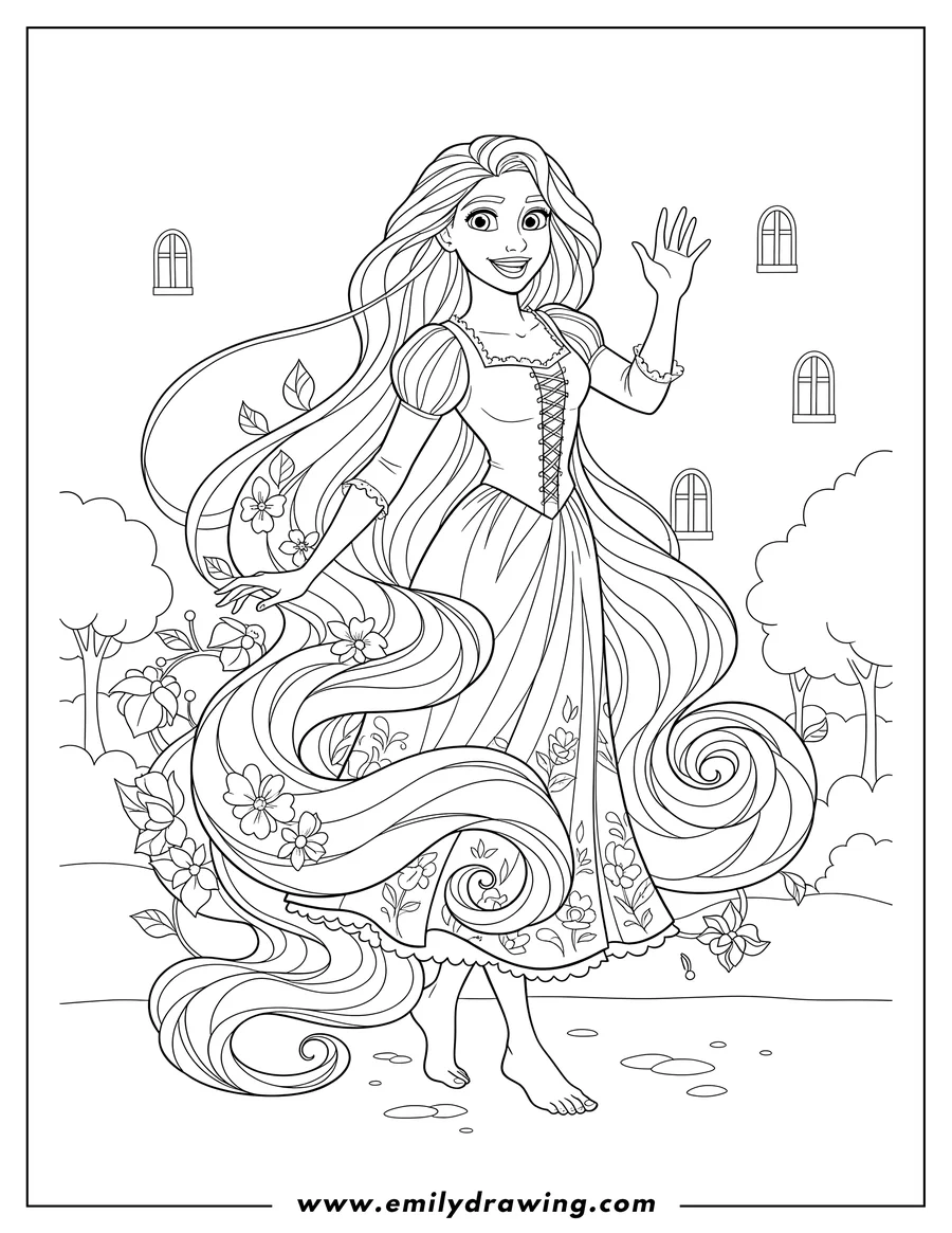 Coloring page for kids: smiling Rapunzel waving with long flowing hair and bare feet