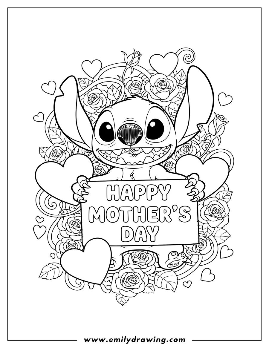 Downloadable coloring page of smiling Stitch holding a Happy Mother's Day sign, surrounded by hearts and roses