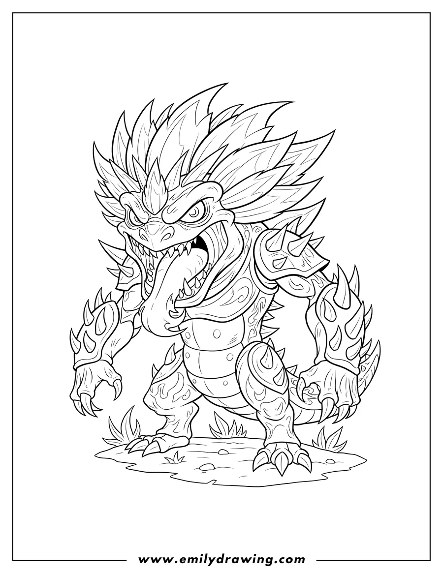 Clean line drawing: snapdragon From Plants Vs Zombies with a fierce expression and spiky features