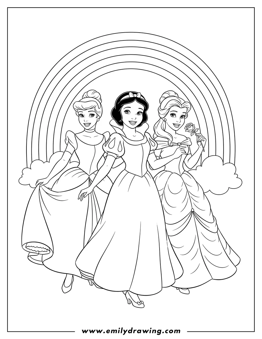 Coloring page of beautiful Snow White, Cinderella, and Belle standing together and smiling, with Belle holding a flower, in front of a rainbow