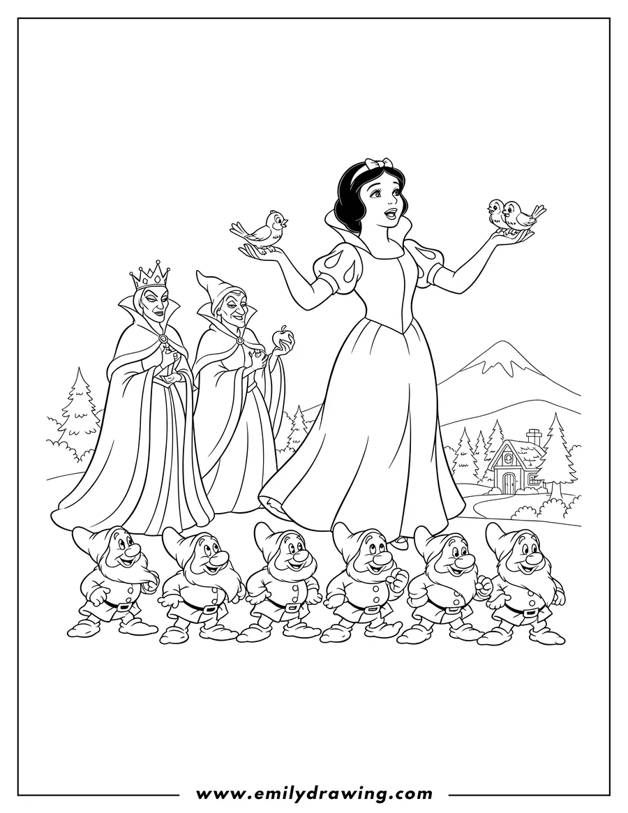 Free printable coloring sheet of snow White singing with birds, the Evil Queen as Witch and Queen, and the Seven Dwarfs marching