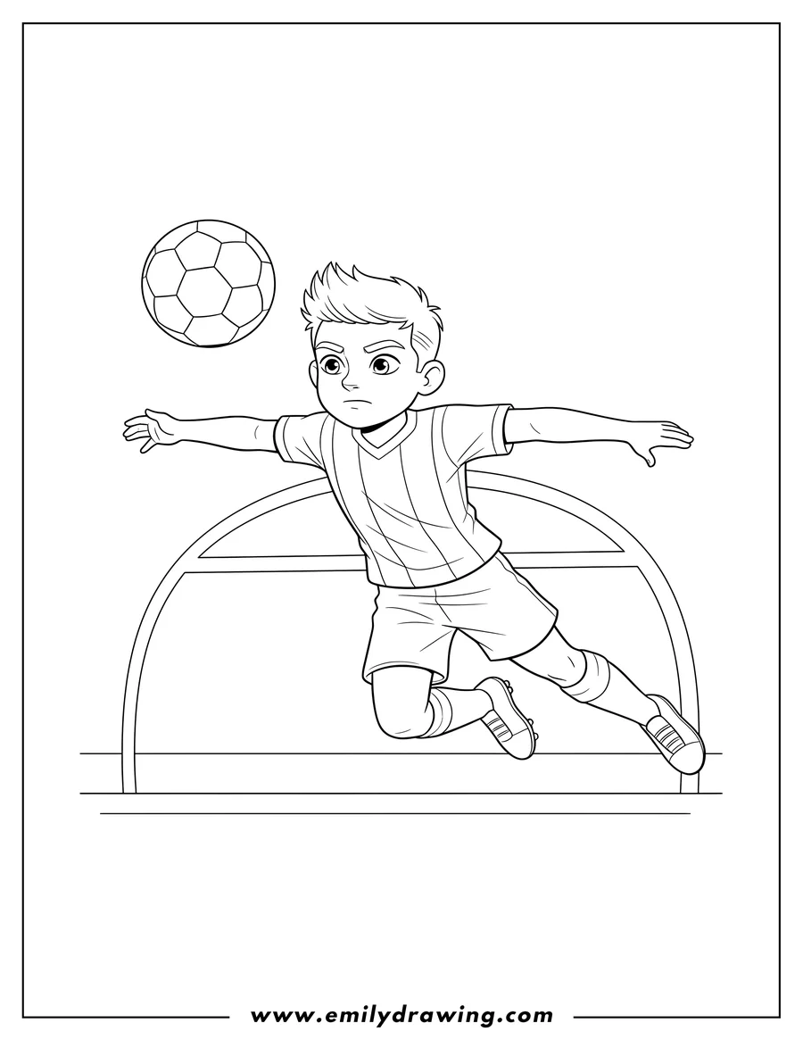 Coloring sheet featuring soccer Player Doing Header To Color, leaping with a determined expression