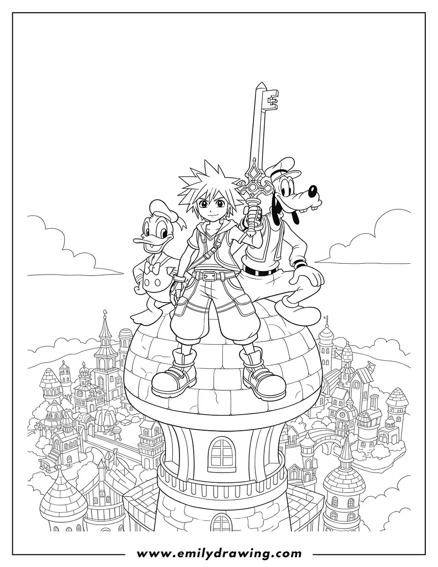 Downloadable coloring page of kingdom Hearts Sora, Donald, and Goofy on top of a large town, Sora holding a Keyblade