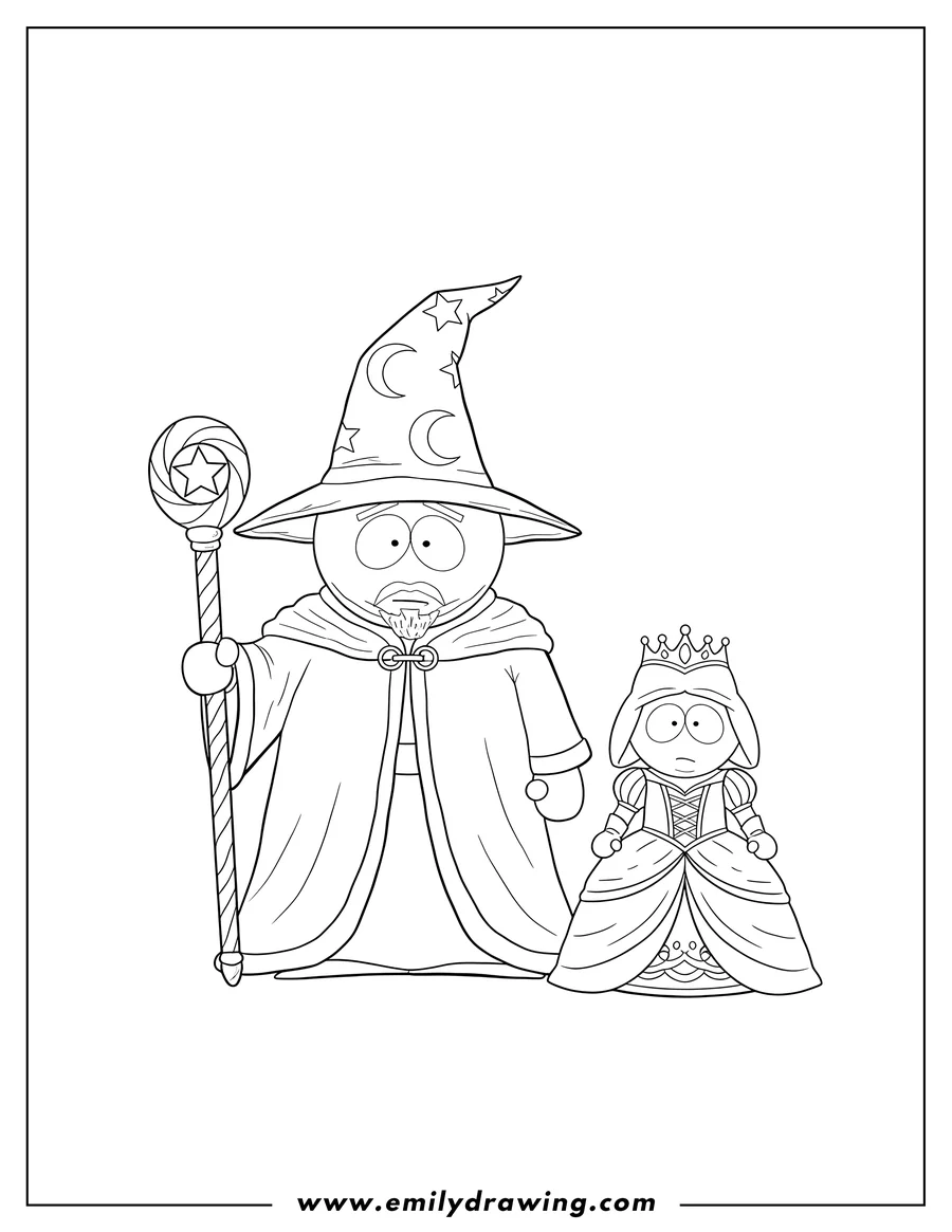 Coloring sheet featuring south Park Stick Truth characters in fantasy costumes, featuring Grand Wizard Cartman and Princess Kenny