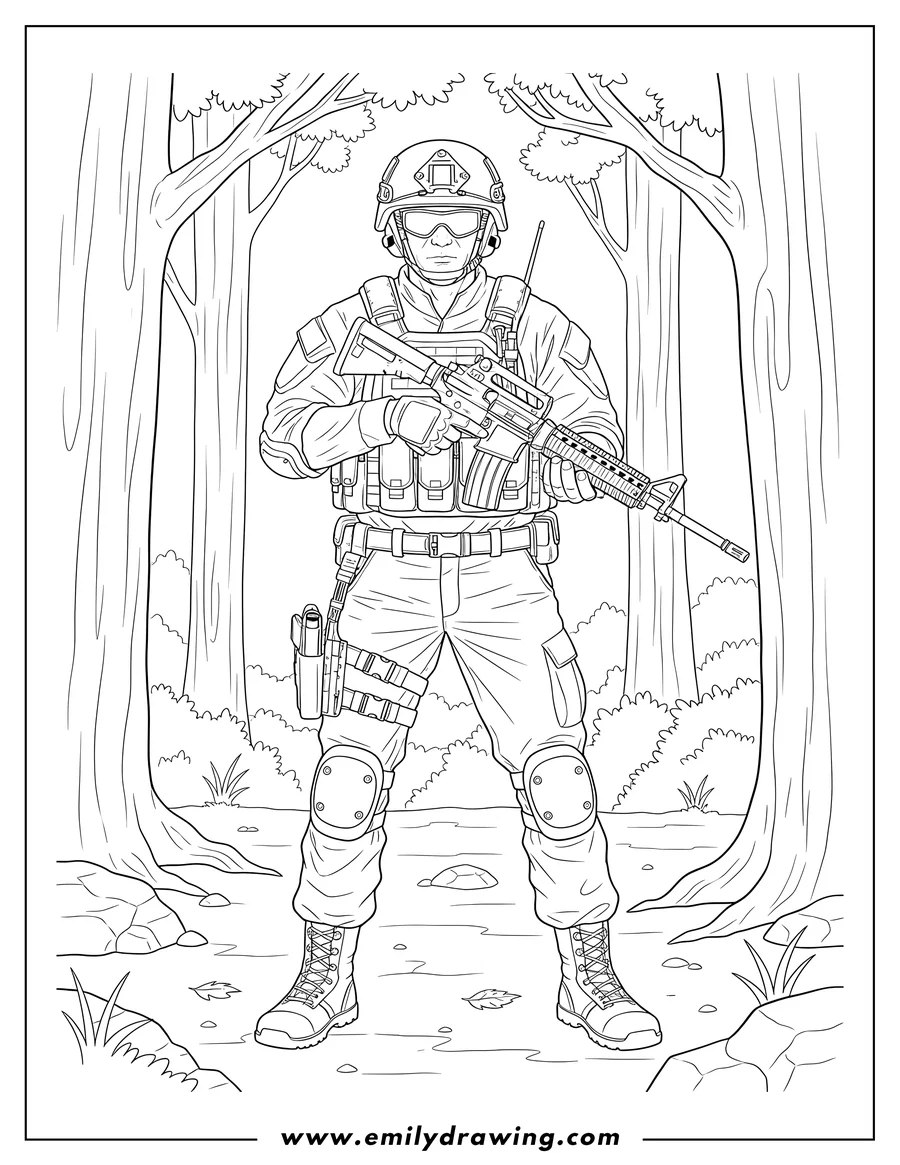 Vector style outline of realistic Special Forces Operative Soldier holding a rifle, standing in a forest