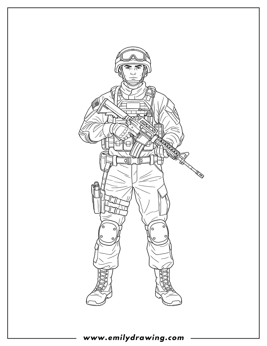 Black and white line art of realistic Special Operation Forces Soldier holding a rifle, wearing a helmet and tactical goggles