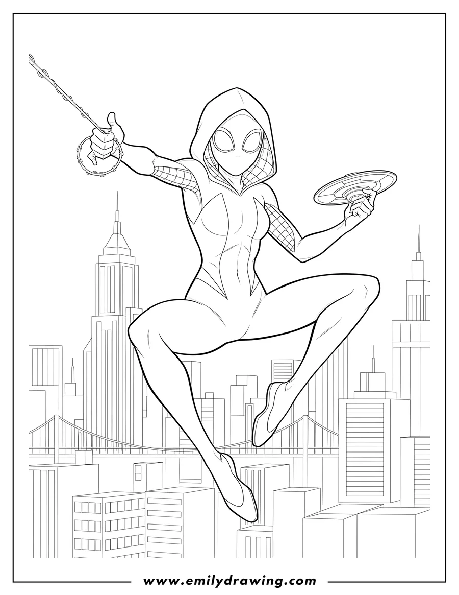 Black and white line art of realistic Spider Gwen in a hooded suit, holding a device, swinging across a city
