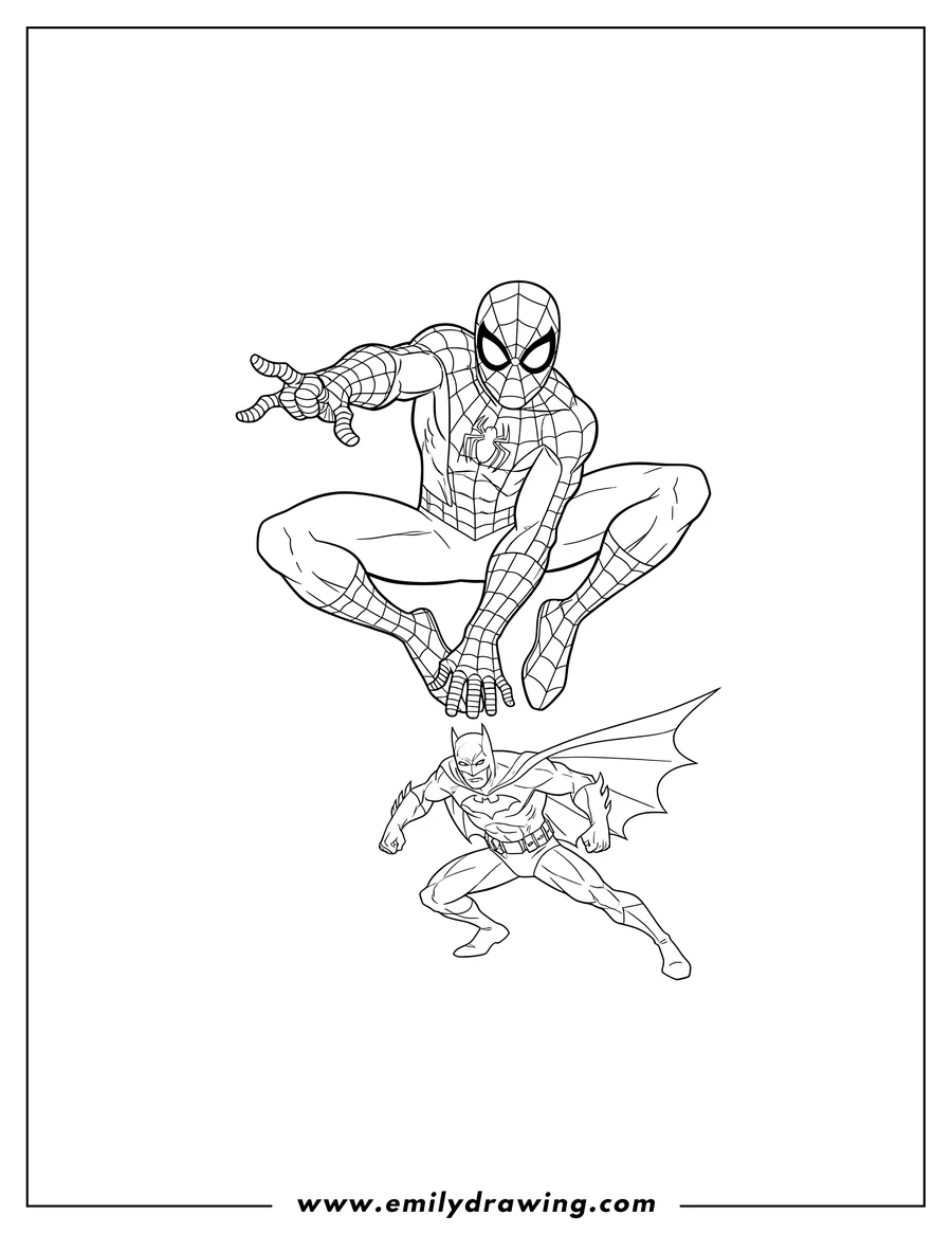 Coloring page for kids: spider Man And Batman Scaled, with Spider-Man leaping over Batman