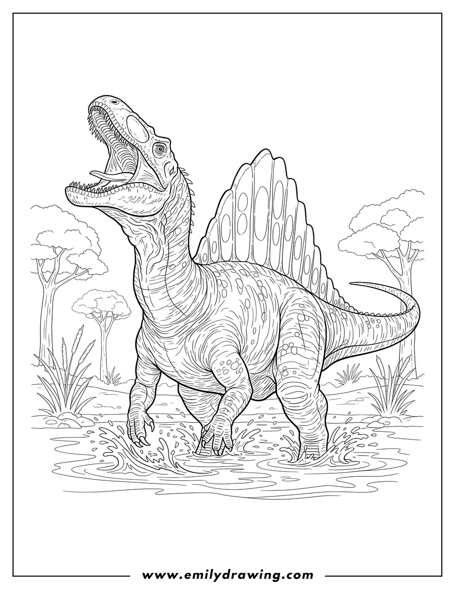 Downloadable coloring page of realistic Spinosaurus With Textured Skin, roaring in water