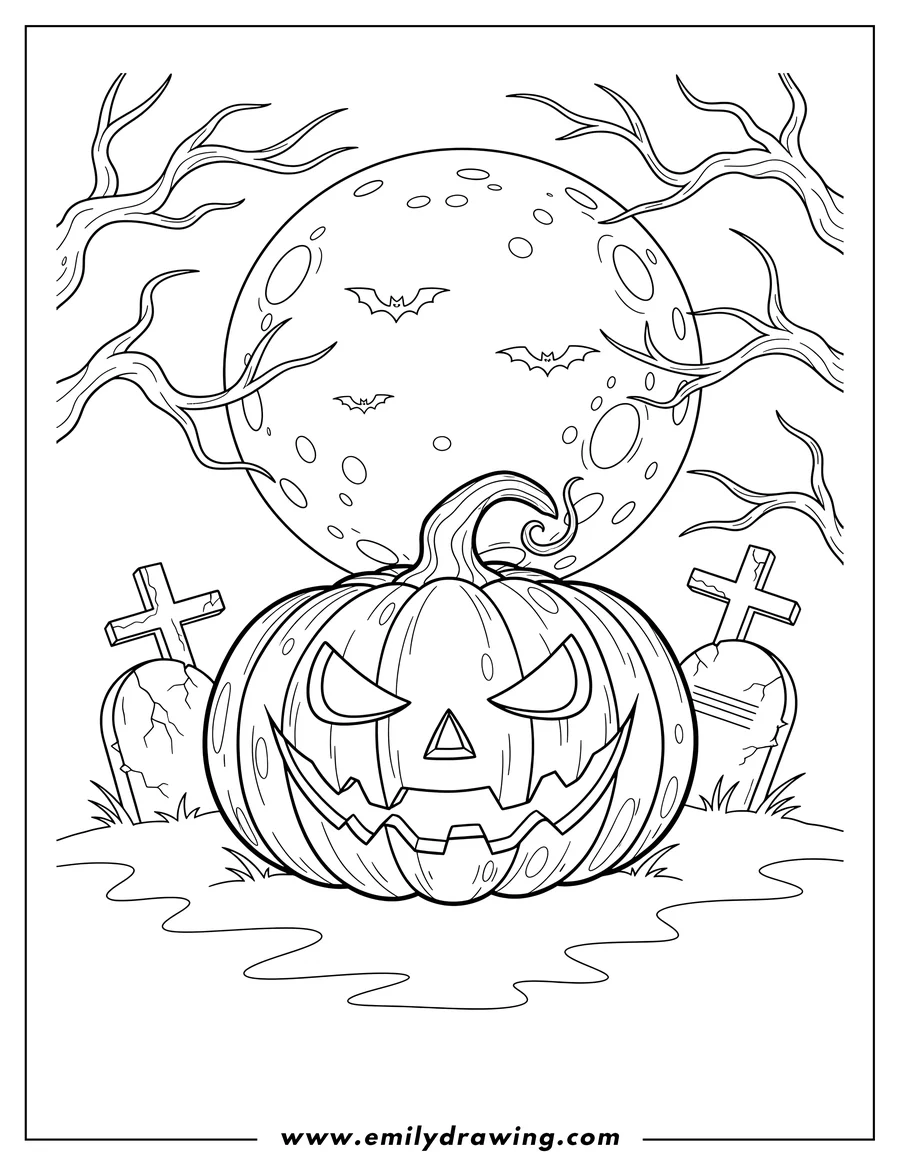 Printable line art of spooky Jack O Lantern with a scary carved face in a cemetery at full moon