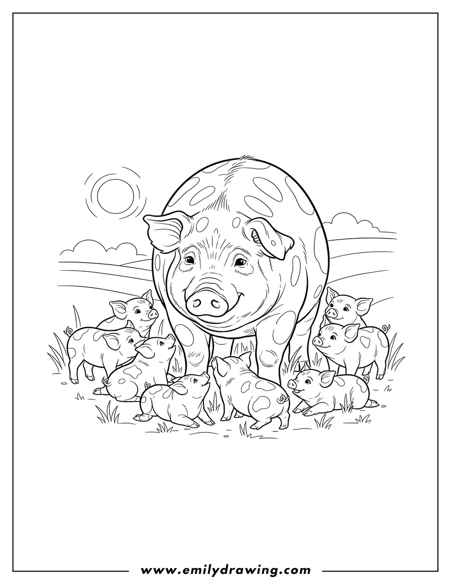 PDF style coloring page: realistic Spotted Mother Pig looking down at her many Piglets in the grass to color