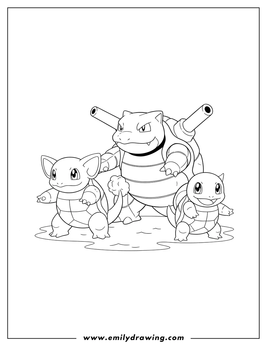 Coloring page for kids: squirtle, Wartortle, and Blastoise Evolution posing together