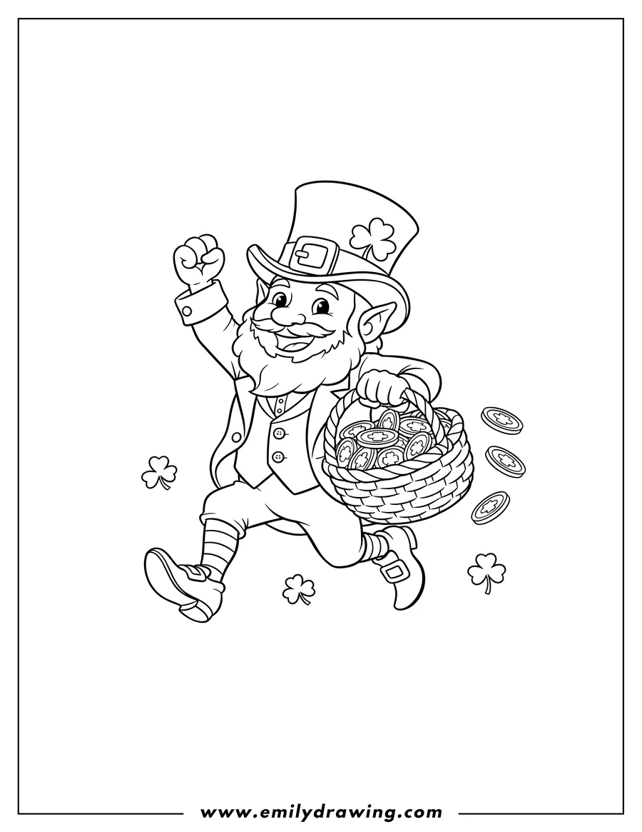 Coloring page for kids: st Patrick S Day Leprechaun smiling and running with a basket of gold coins, fist raised