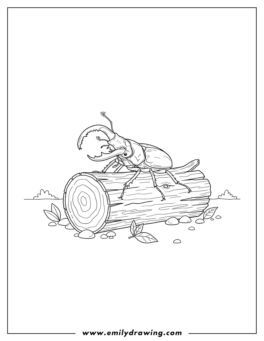 Clean line drawing: realistic Stag Beetle climbing on a log with large mandibles