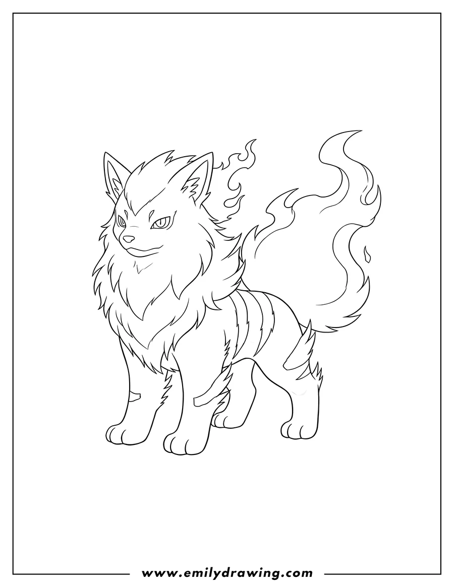 Vector style outline of standing Arcanine Pokemon with flames To Color