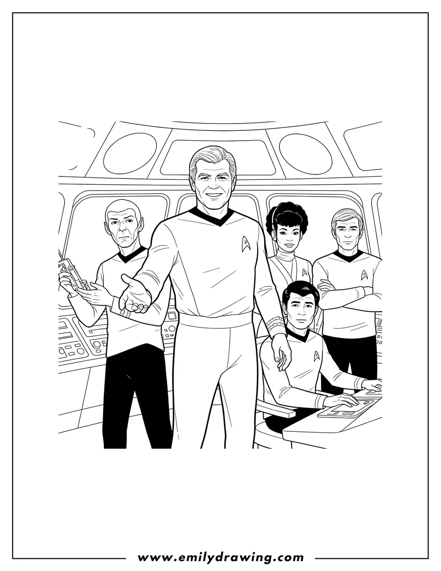Free printable coloring sheet of star Trek Poster of Captain Kirk, Spock holding a device, Pavel, Nyota, Leonard, and Hikaru at the helm of the USS Enterprise