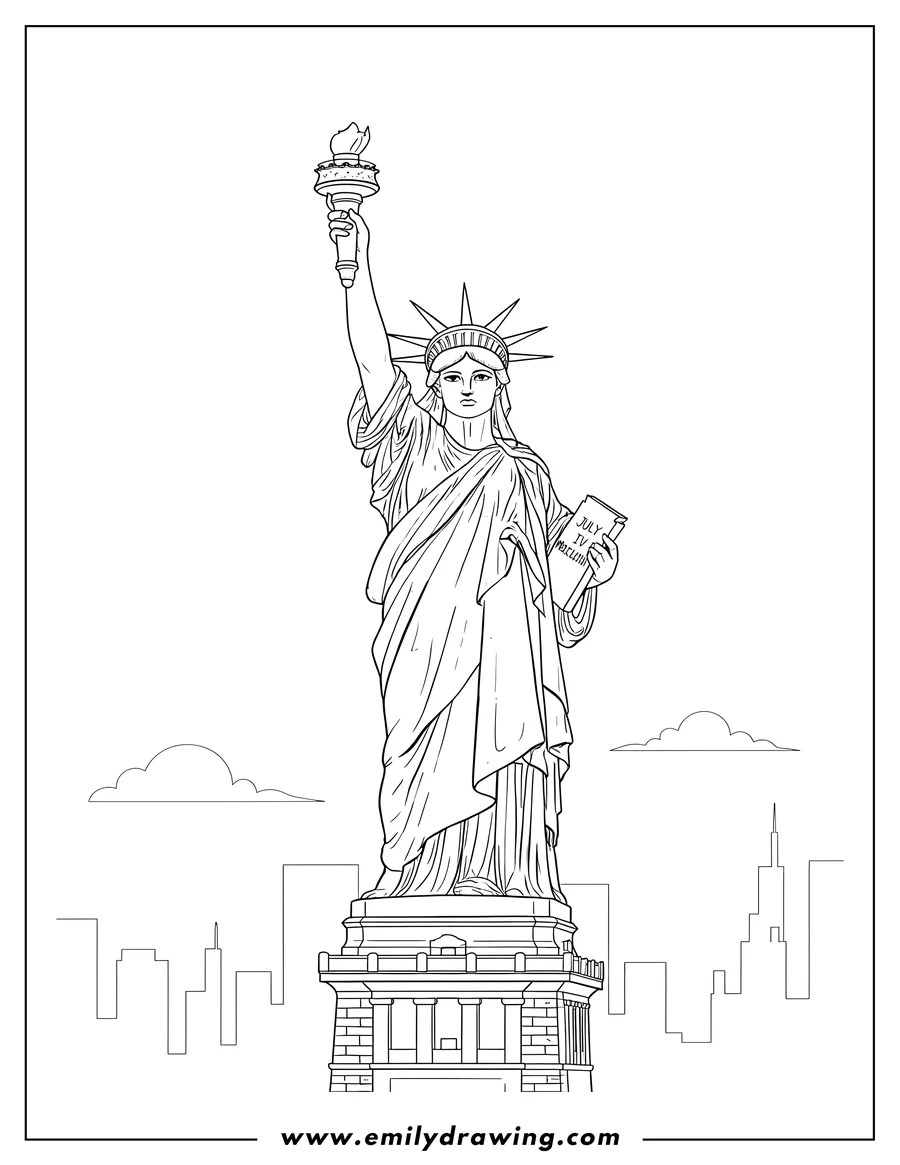 Free printable coloring sheet of realistic Statue Liberty holding a torch and tablet