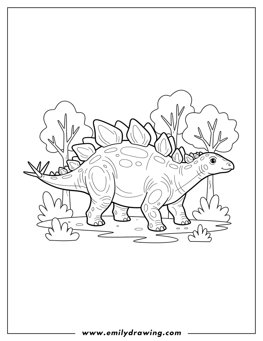Printable line art of realistic Stegosaurus standing among trees and bushes