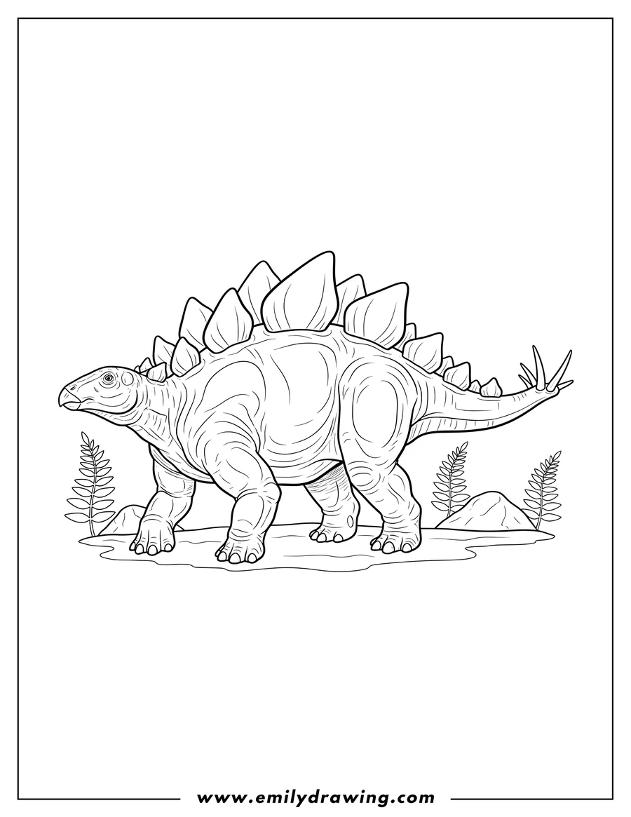 Downloadable coloring page of realistic Stegosaurus with prominent plates and tail spikes, walking