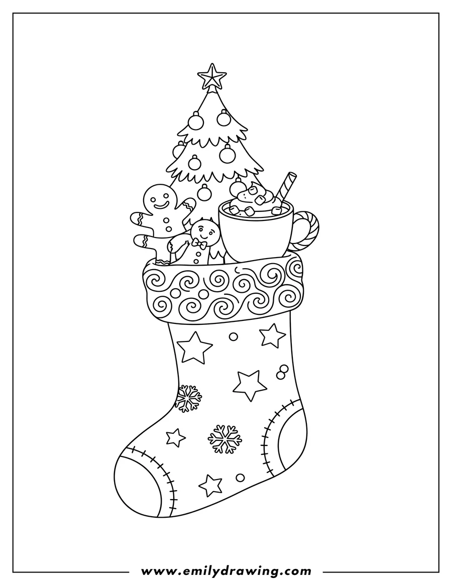 Printable coloring page of christmas Stocking with a Tree, Gingerbread Men, and Hot Cocoa
