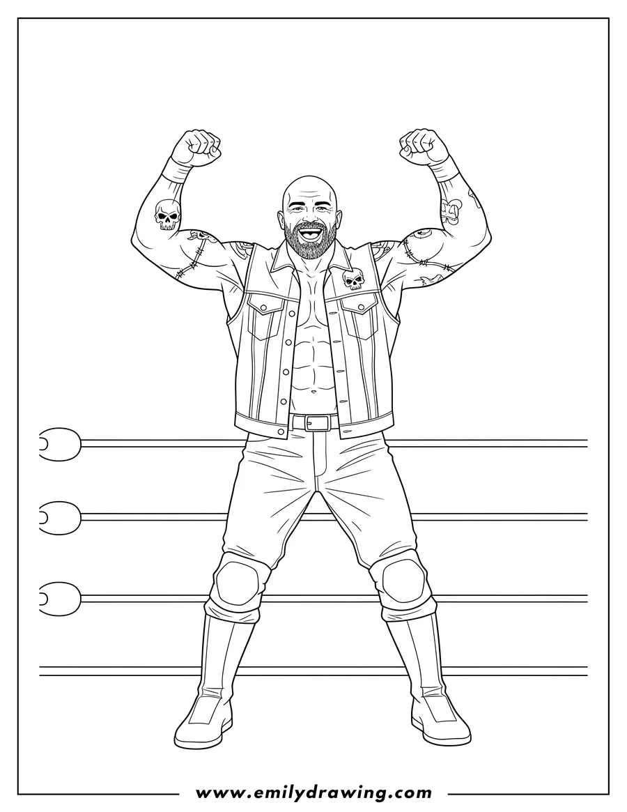 Printable coloring page of realistic Stone Cold Steve Austin raising both arms in the air, wearing a vest and grinning
