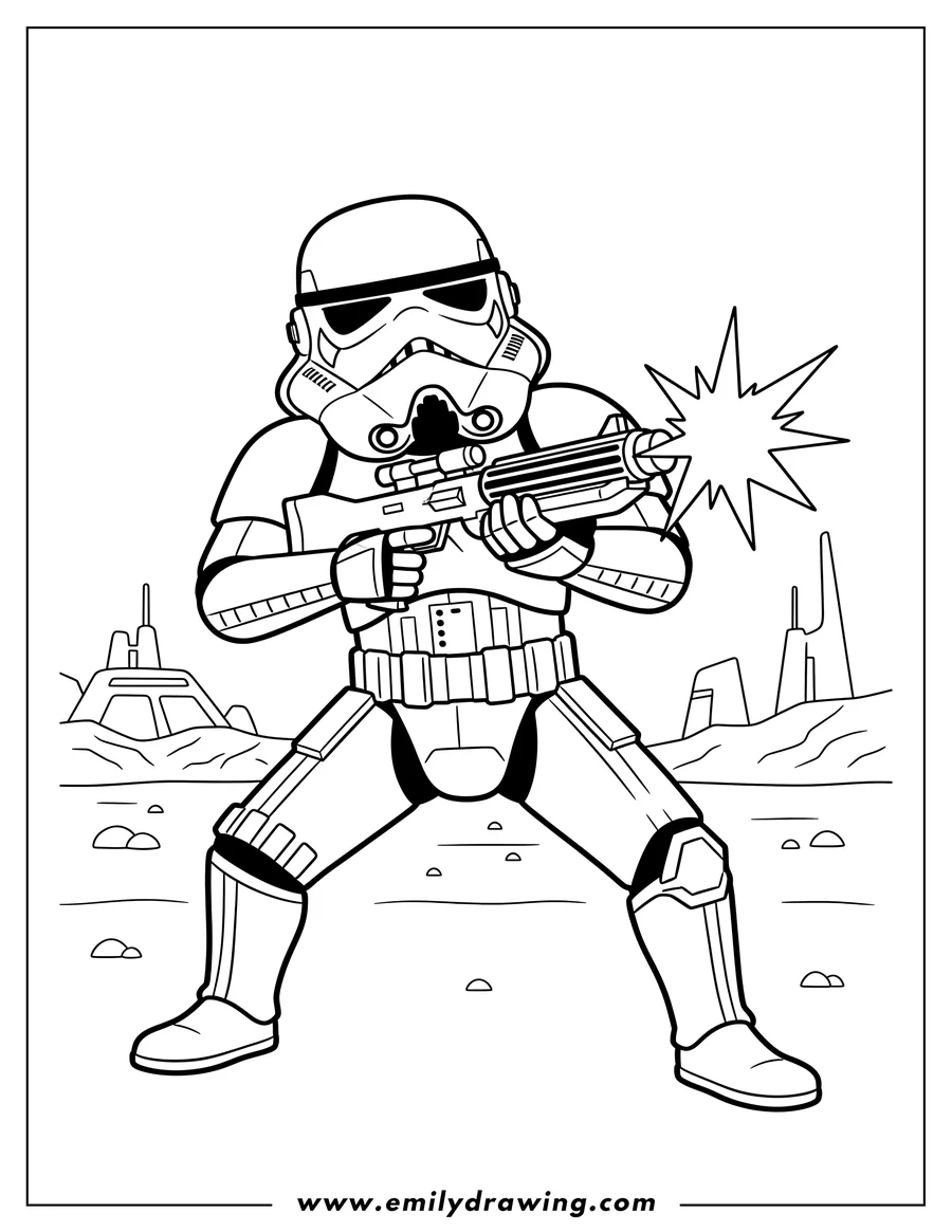 Outline drawing of stormtrooper firing a blaster rifle with muzzle flash