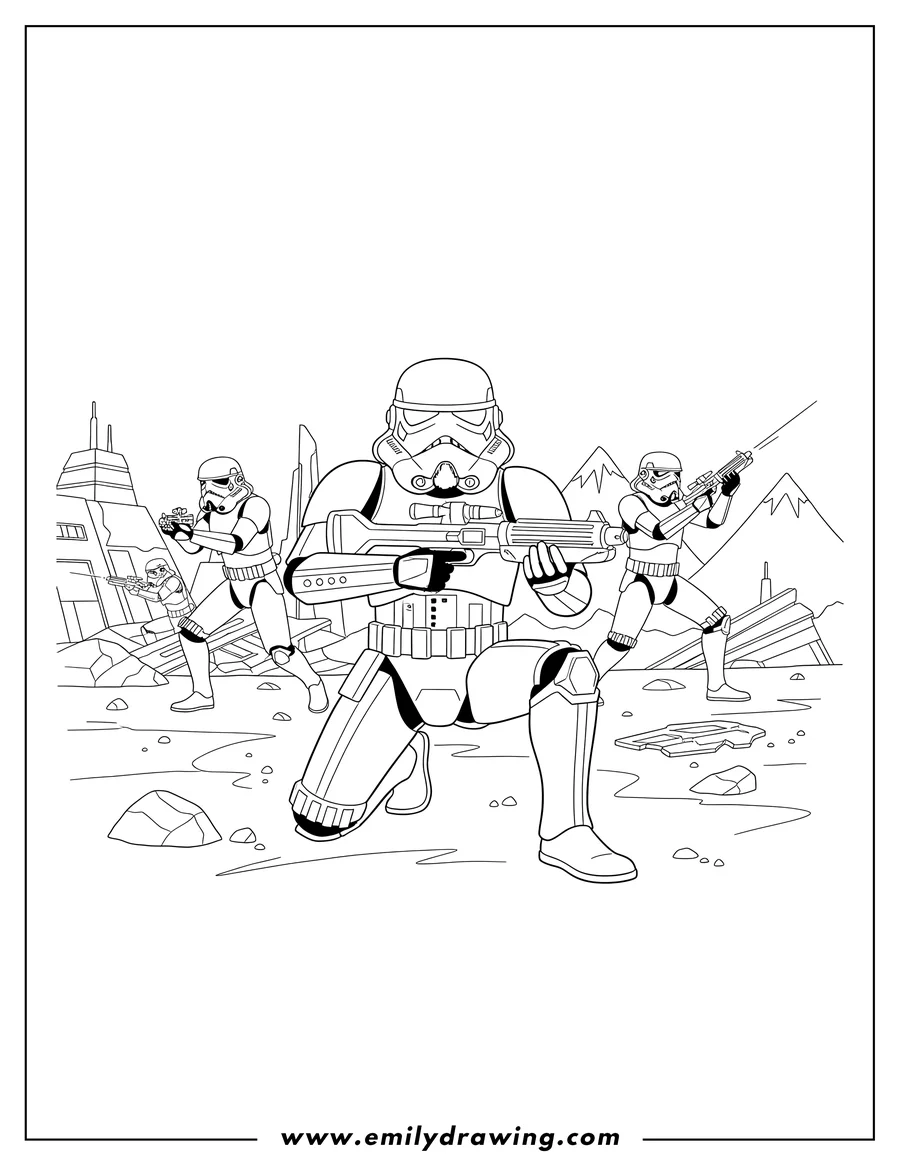 Coloring page for kids: stormtroopers Battlefield featuring a kneeling stormtrooper aiming a blaster, with other stormtroopers fighting