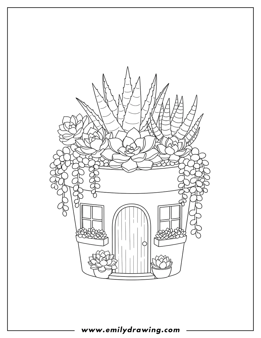 Full page coloring image of succulents on a house-shaped flower pot with a door and windows