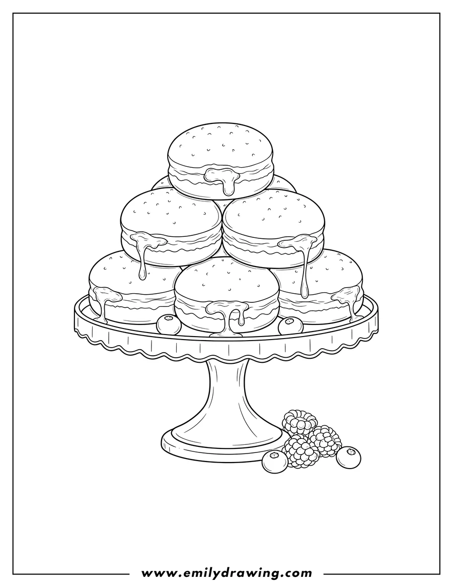 Black and white line art of realistic sufganiyot with filling oozing out on a cake stand