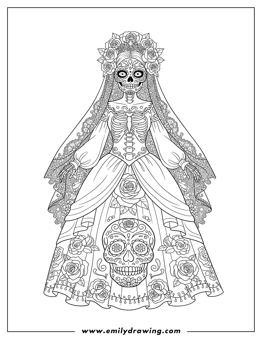 Free to print drawing of realistic Sugar Skull Costume With Tiara And Rose Wreath, wearing a veil and a dress with skeletal chest detail