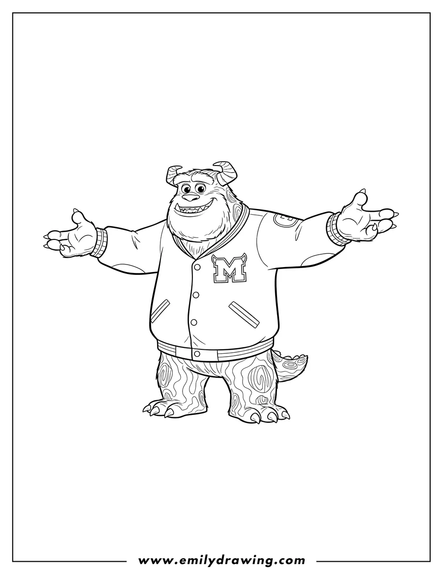 Free to print drawing of sullivan from Monsters University wearing a letterman jacket and pointing with outstretched arms