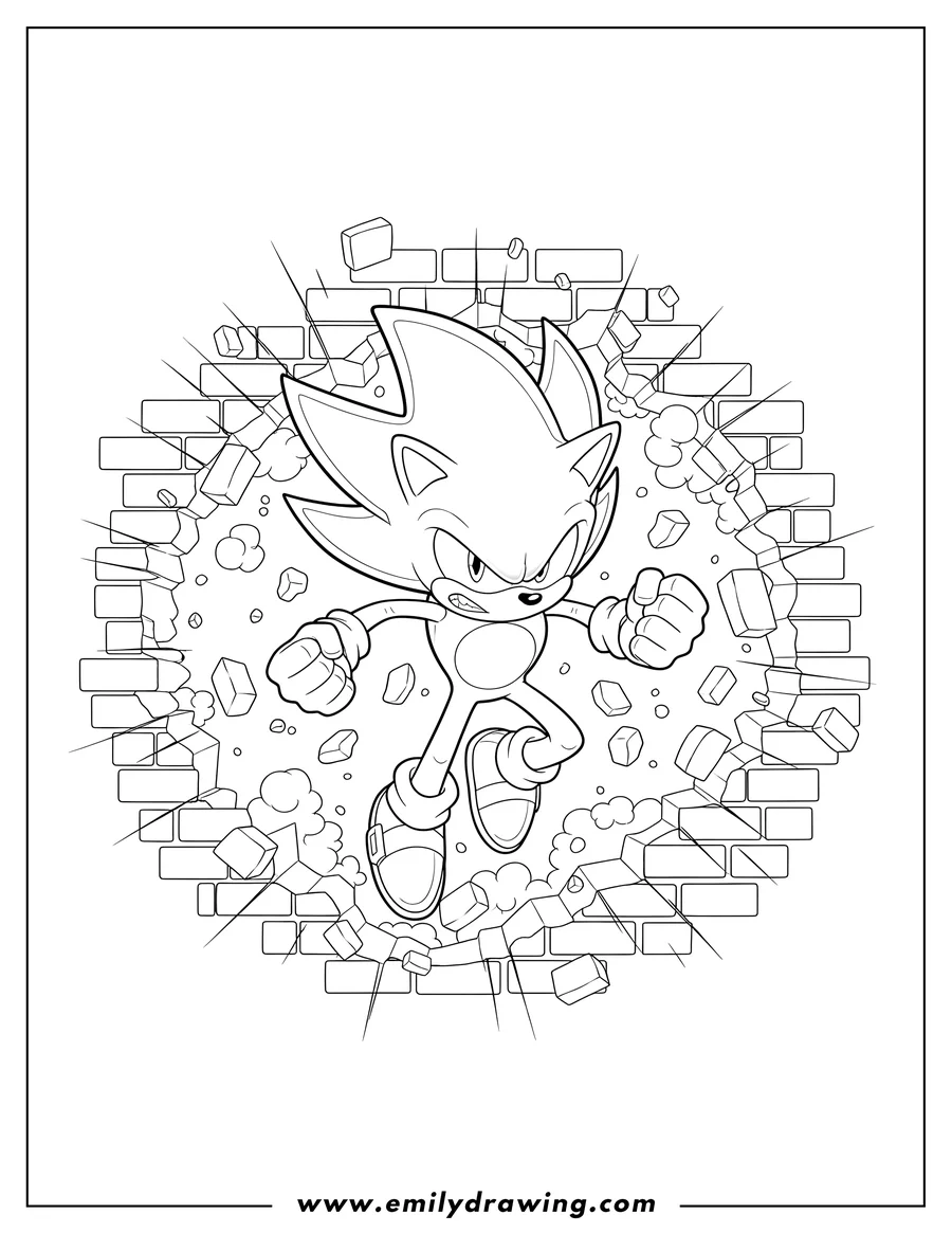 Black and white line art of realistic Super Sonic, angry and flying, breaking through a wall