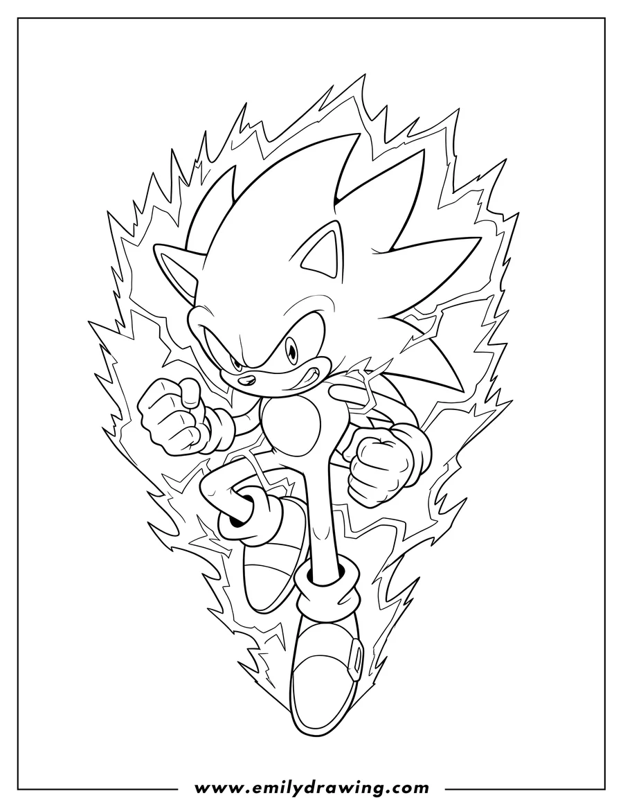 Linear illustration of super Sonic with a determined expression, fists clenched, in a powerful mid-air stance surrounded by electricity