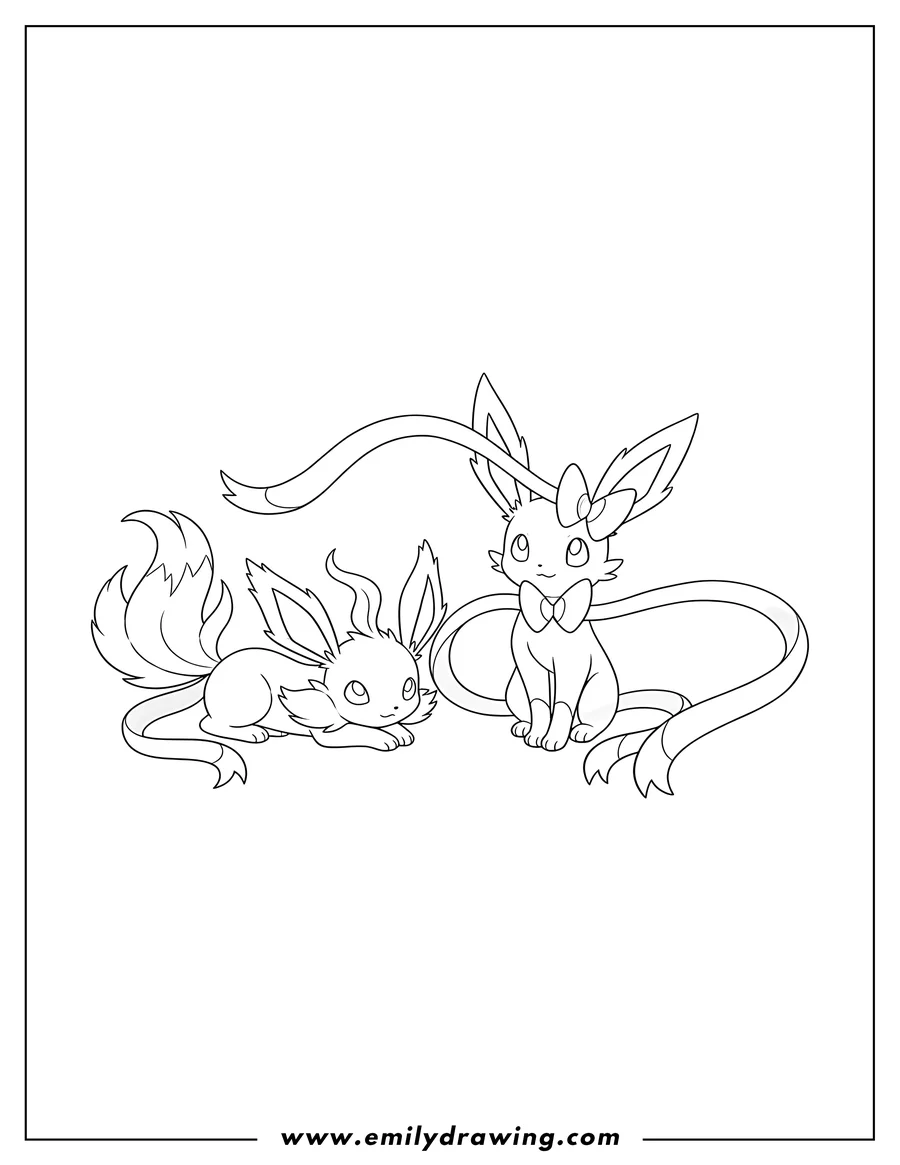 Simple sketch of sylveon sitting next to Leafeon lying down to color