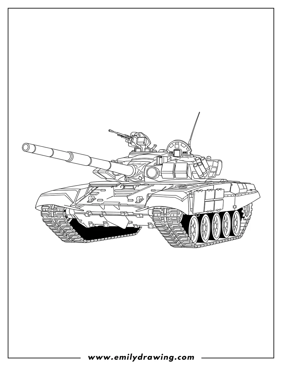 Outline drawing of realistic T 90M Russian Tank with a machine gun