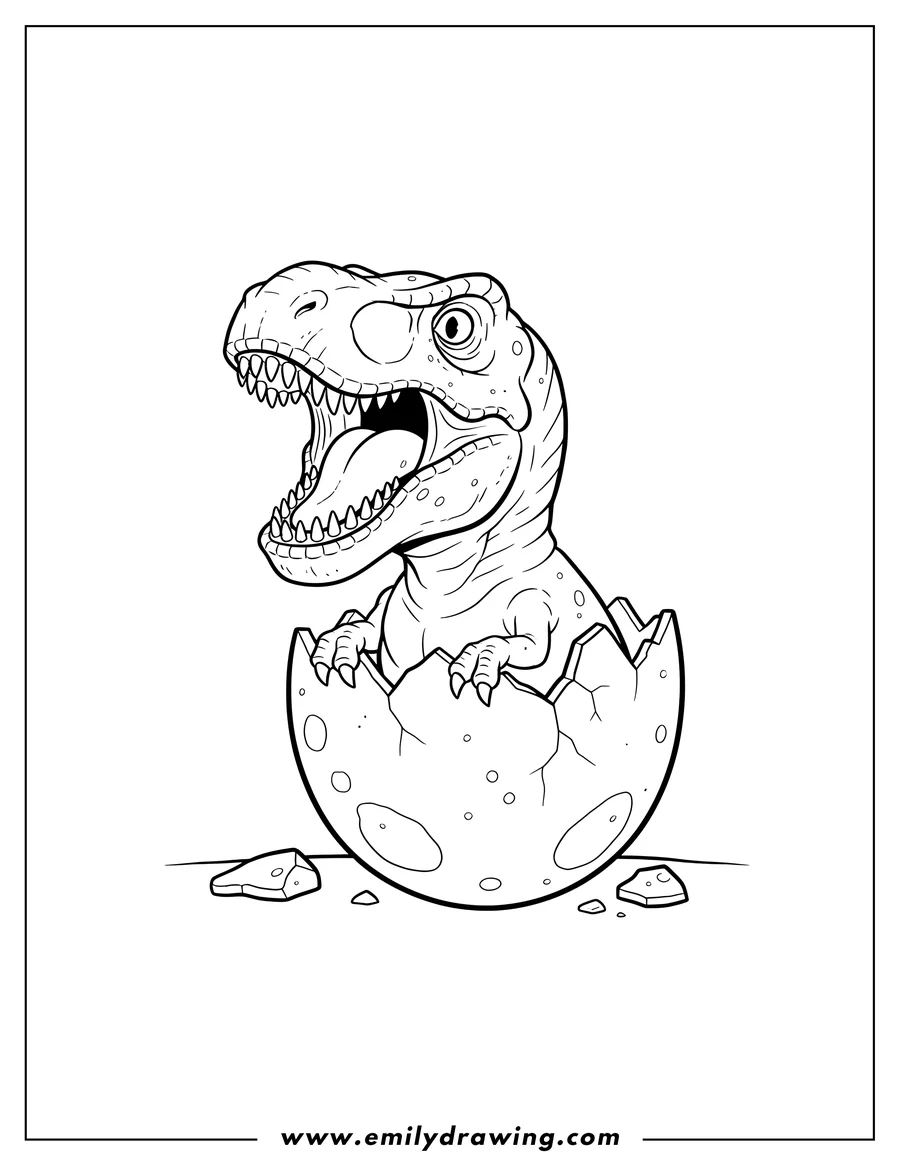 Coloring page for kids: realistic T Rex Coming Out Dinosaur Egg, with an open mouth and visible claws