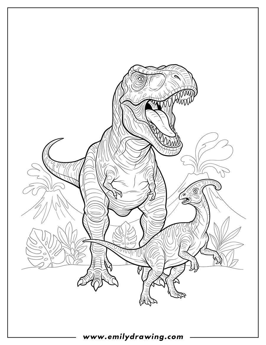 Black and white line art of T Rex roaring at Parasaurolophus