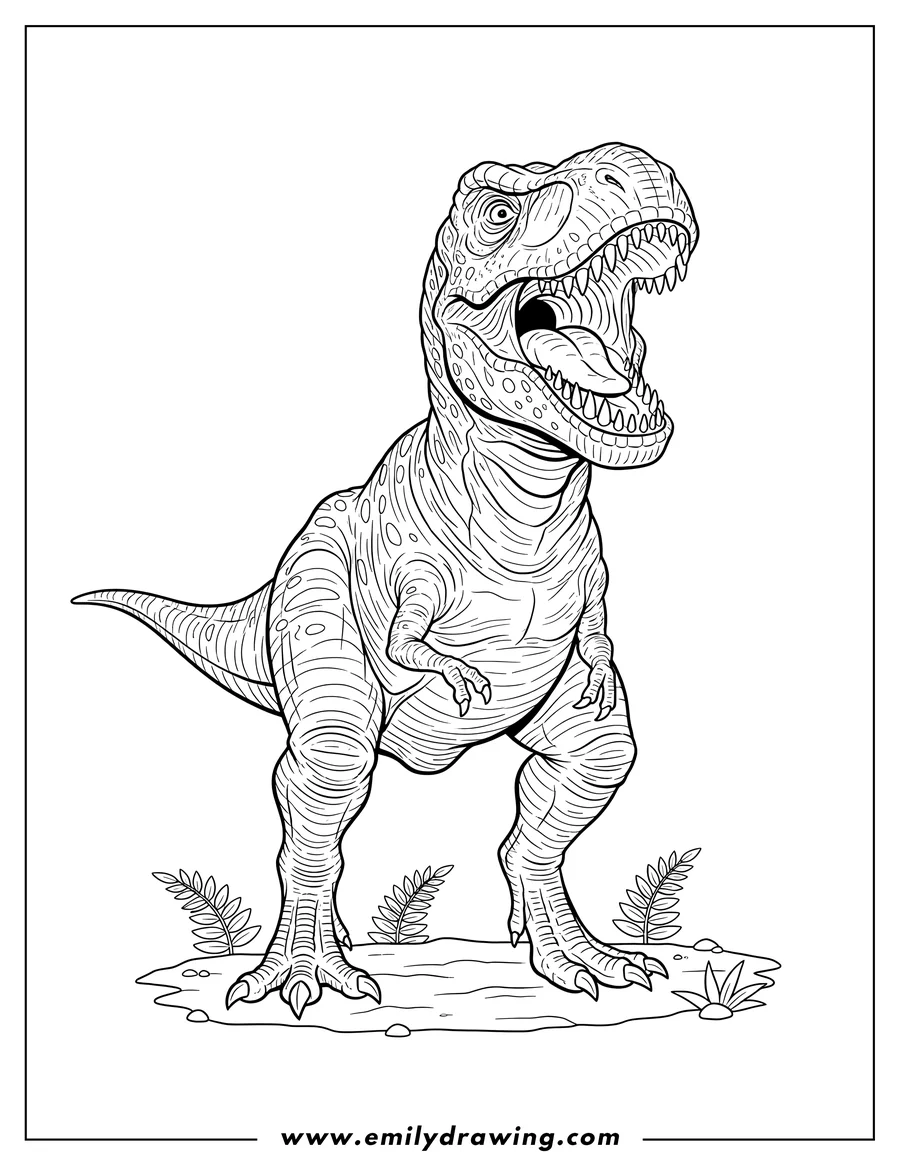 PDF style coloring page: realistic T Rex Scaled, mouth wide open and roaring