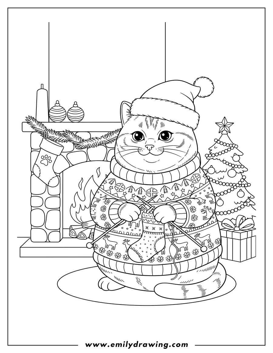 Linear illustration of tabby Christmas Cat wearing a Santa hat knitting a sock by a fireplace in a holiday sweater