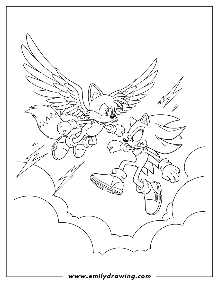 Coloring sheet featuring tails with wings and Shadow fighting in mid-air