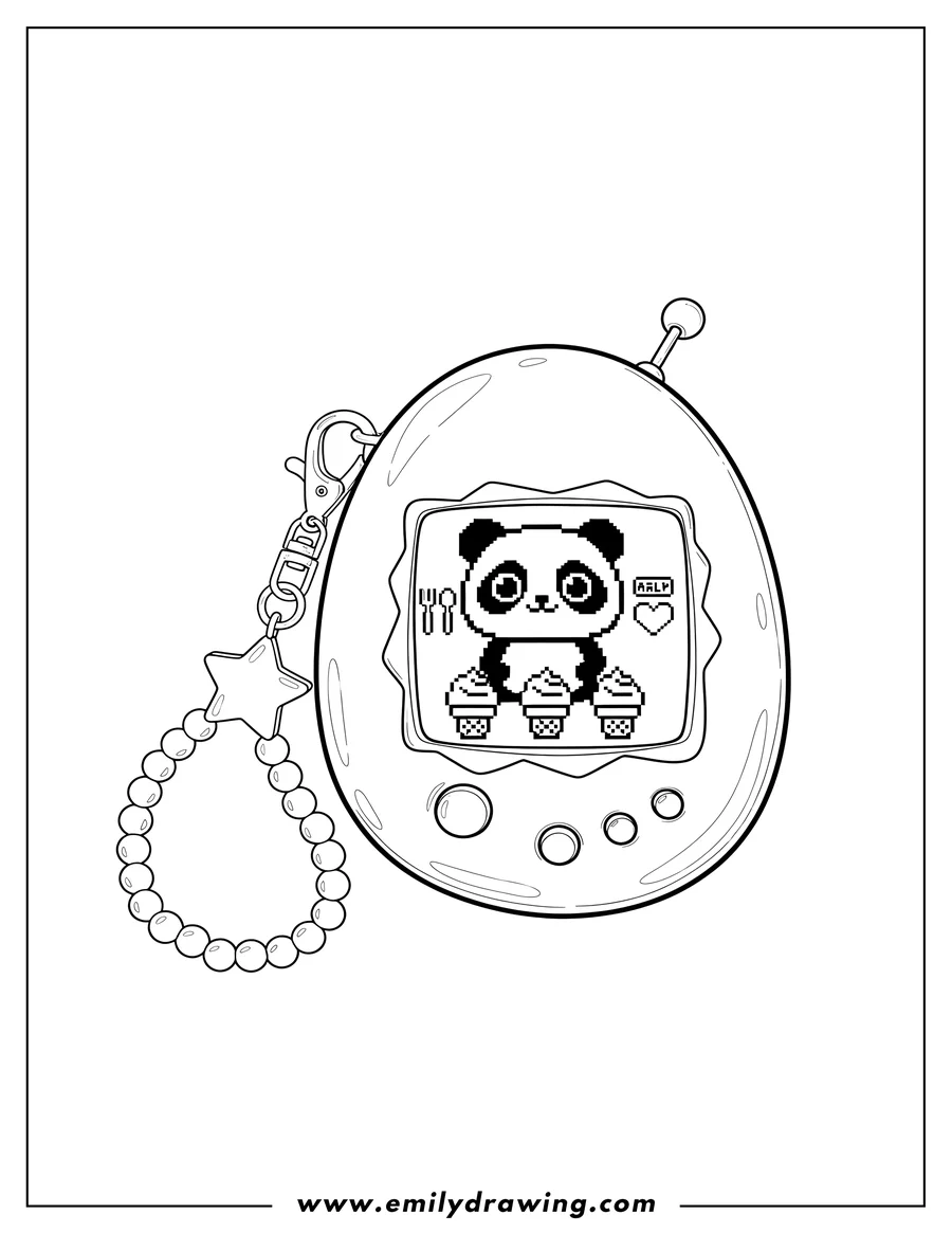 Coloring page for kids: realistic Tamagotchi Connection Console with a keychain, displaying a pixelated panda-like pet, menu icons, and ice cream graphics