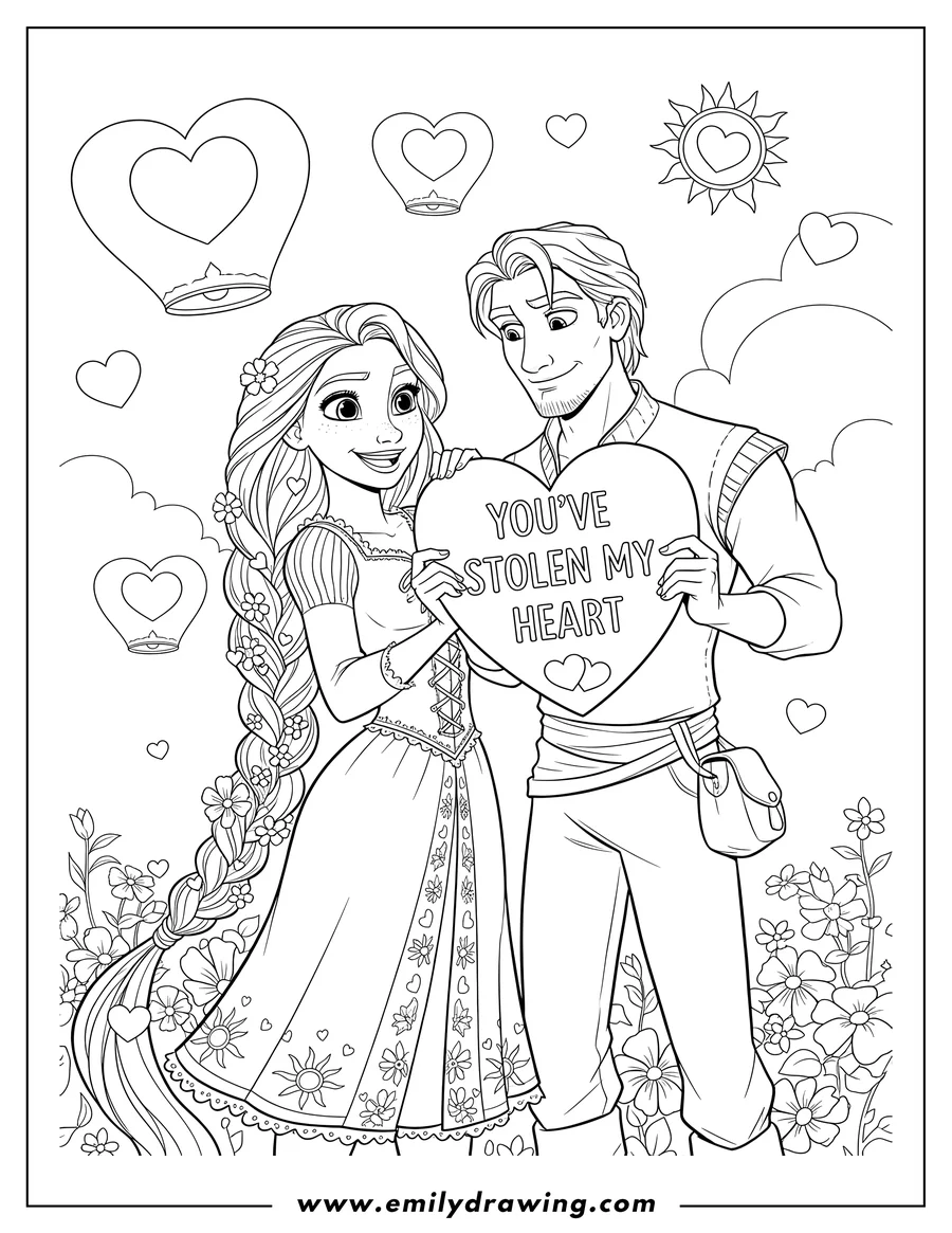 Coloring page of tangled You Ve Stolen My Heart Valentine S Day, featuring Rapunzel with long braided hair and Flynn Rider as Flynn shows Rapunzel a card