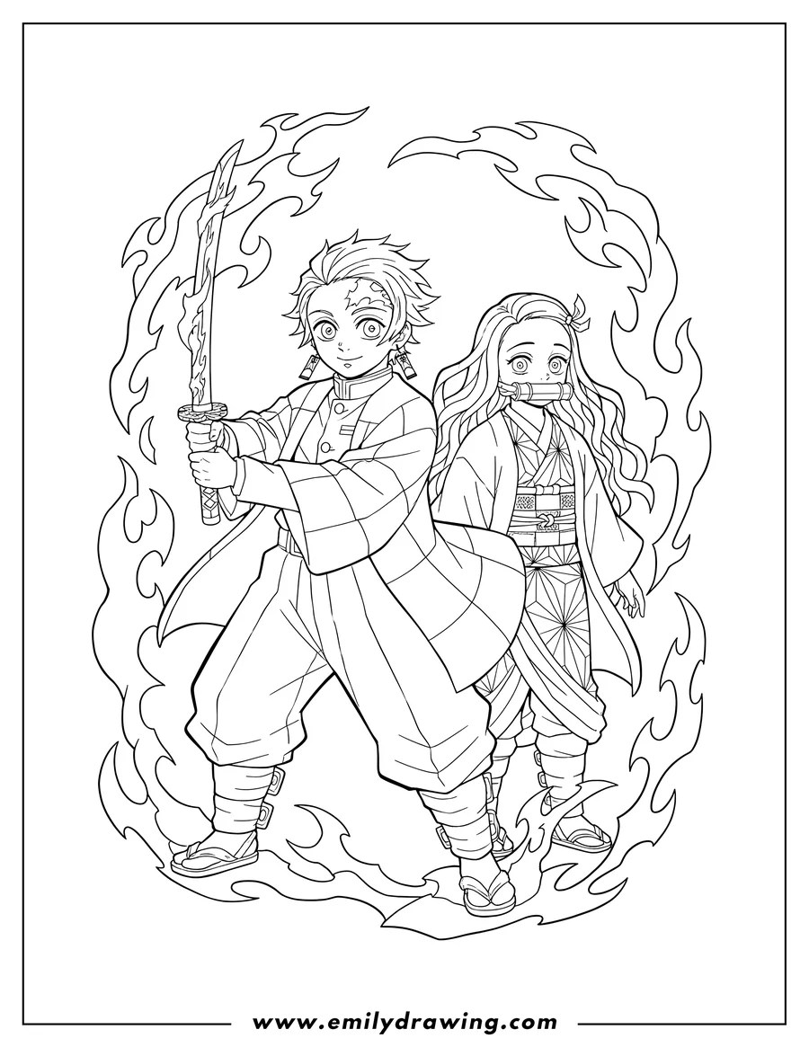 Coloring sheet featuring tanjiro Kamado with his sword, and Nezuko Kamado with a bamboo gag, surrounded by flames