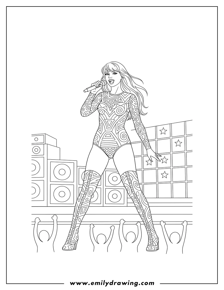 Vector style outline of realistic Taylor Swift Concert, singing into a microphone, wearing a patterned bodysuit and thigh-high boots