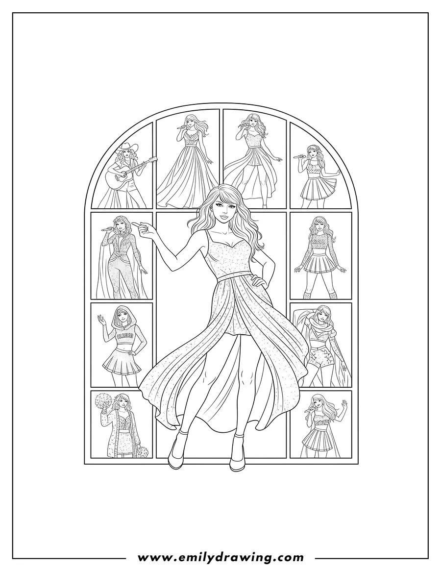 Coloring page of taylor Swift Eras Tour poster, featuring a central image of Taylor Swift and a grid of her iconic looks